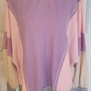 PEACH LOVE Thermal Knit ColorBlock Top, 🩷🩶💜, NWT, S(Oversized), Super-Cute!!